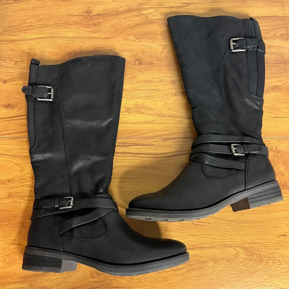 Baretraps Alysha Black Knee High Riding Boots Size 6.5 Buckle Straps‎ NEW
